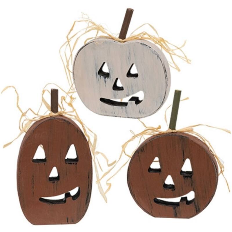 Wooden Jack O Lantern Sitters Primitive Fall Decor- 3 Asstd. - 5" x 4.5" x 0.75" - White-Brown