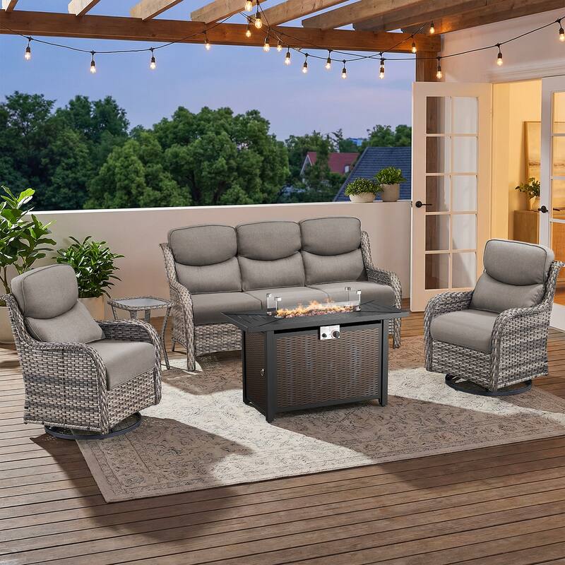 Pocassy 4/5 Piece Patio Sofa Furniture Set with 43" Fire Pit Table - Gray Wicker Gray Cushion - 5-Piece Sofa Swivel Chair Table w/ Fie Pit Table