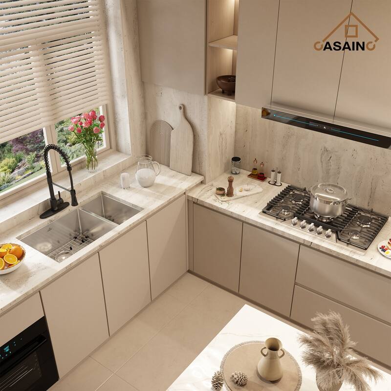 Handmade All-in-One Undermount 60/40 Double Bowl Stainless Steel Kitchen Sink with Faucet, Bottom Grids, and Basket Strainers
