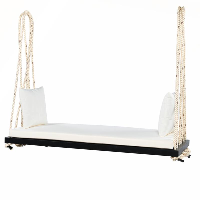 Patio Wooden Hanging Porch Swing Bench with Cushion and Pillows for Garden and Backyard