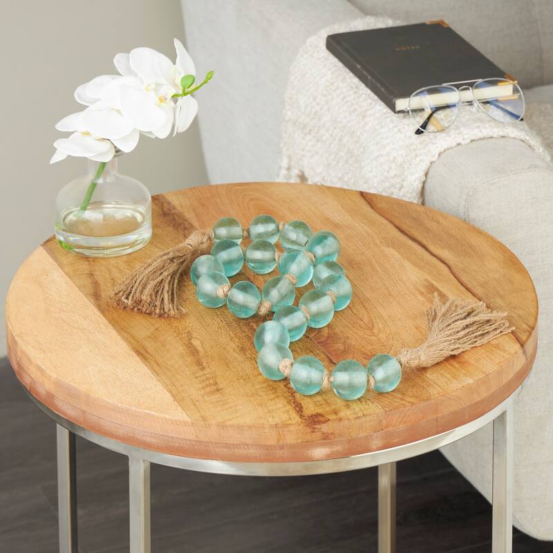 Glass Handmade Round Frosted Beaded Garland with Tassel with Knotted Brown Jute - Light Blue