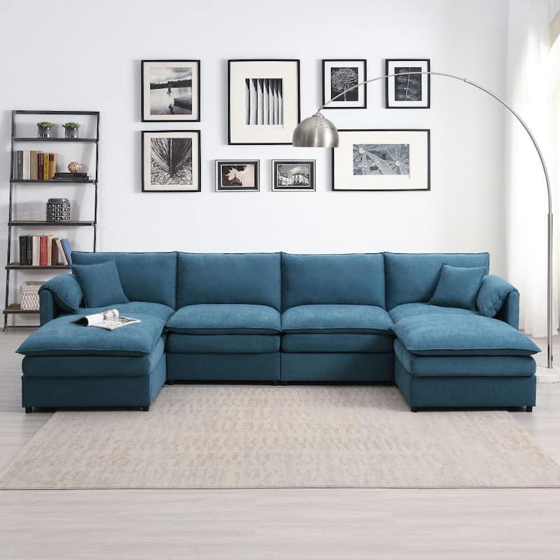 U Shaped Sectional Sofa with Double Cushions and Ottomans