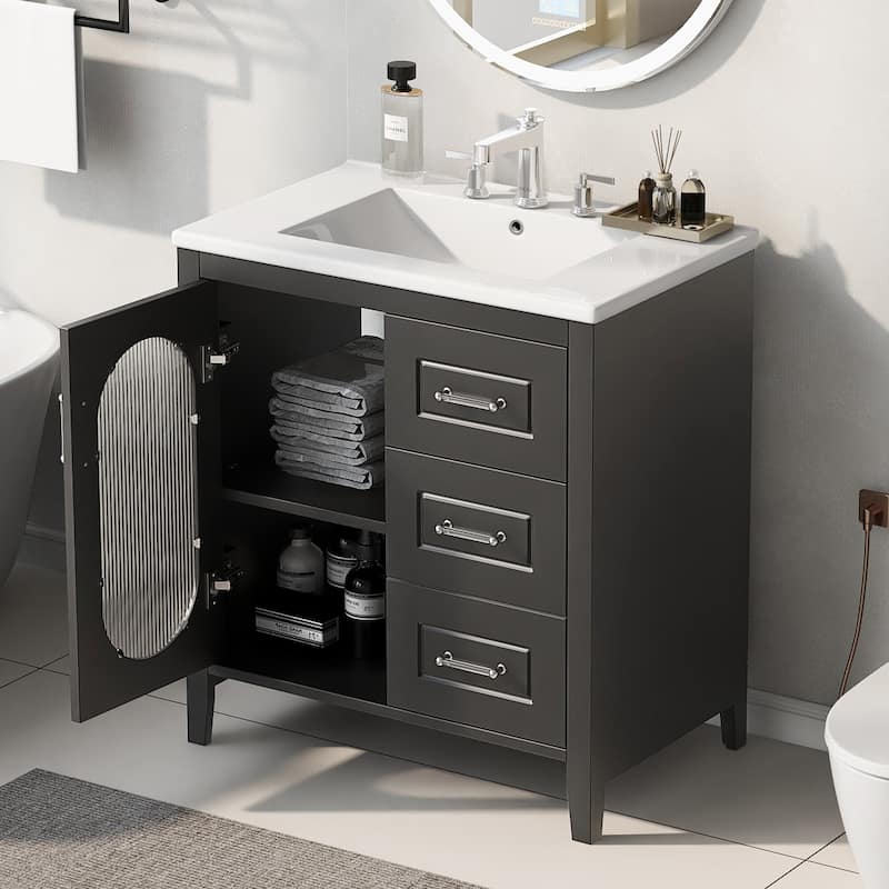 Modern Bathroom Storage Cabinet Vanity with Oval Hazy Glass Door, Acrylic Handles, 2 Different Size Drawers and Adjustable Shelf