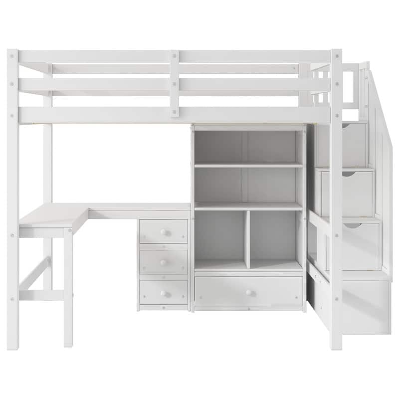 Full Size Wood Loft Bed with L-Shaped Desk and Drawers, Cabinet and Storage Staircase