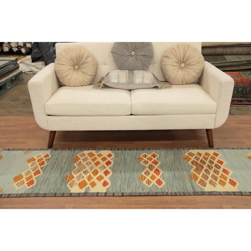 Hand Woven Oriental 100% Wool Carpet Southwestern Modern Navy Blue & Blues Kilim Runner Rug - 8' 4'' X 2' 2''