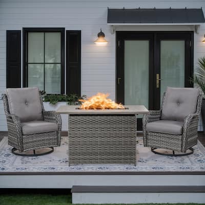 Outdoor Rattan Swivel Chair with Fire Pit Table - Grey