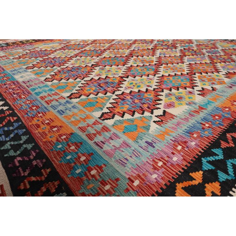Southwestern Style Geometric Kilim Area Rug Hand-Woven Wool Carpet - 8'4" x 9'9"