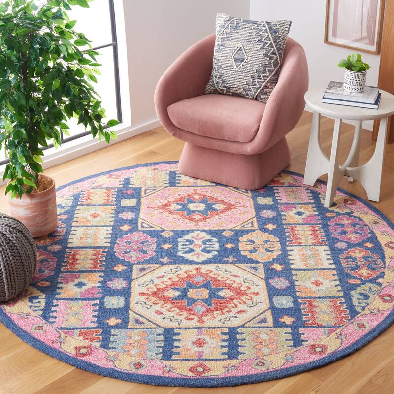 SAFAVIEH Handmade Aspen Maire Bohemian Wool Rug - 7' Round - Blue/Red