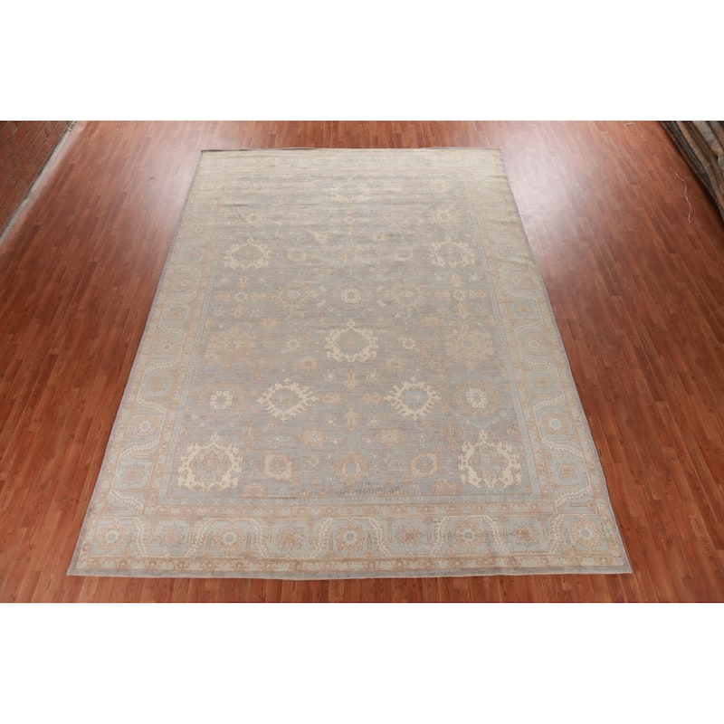 Hand Knotted Oriental 100% Wool Carpet Transitional All-Over Greys & Charcoal Oushak Area Rug - 14' 0'' X 10' 1''