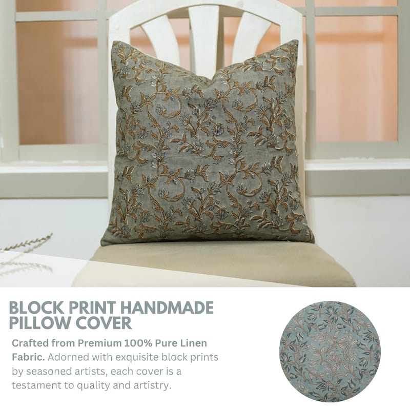 Fabdivine 12x20 Handmade Pure Linen Cushion Cover Floral Mustard Ideal for Sofa, Floral Block Print, Accent Décor, Bagru Buti