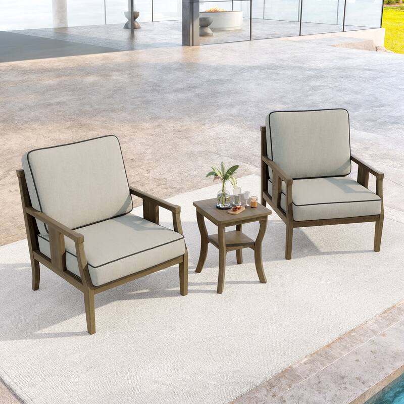 3-Piece Teak Wood Outdoor Armchair Set with Side Table, Cushions, Patio Seating Sets