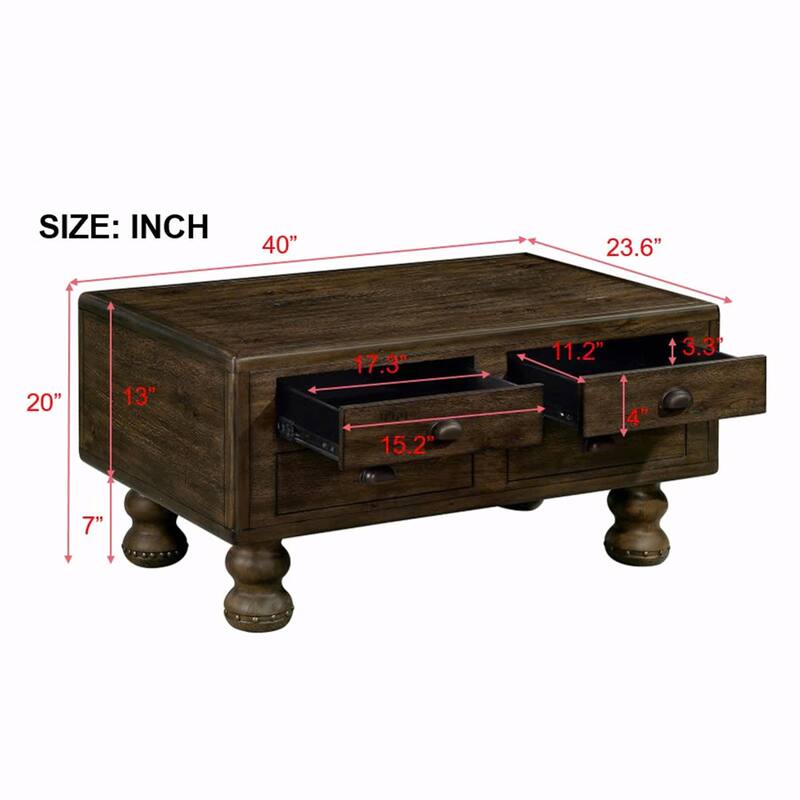 40" Solid Wood Rectangle Coffee Table with 4 Drawers