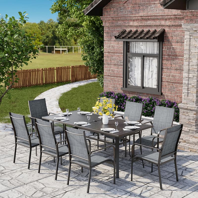 5/7/9-Piece Outdoor Patio Dining Set with Stackable Textilene Chairs and Slatted Table, Furniture with Adjustable Umbrella Hole