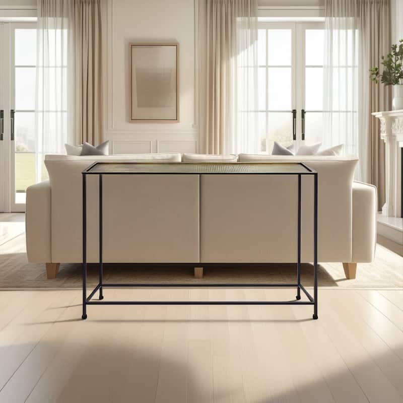 Aurelia 48 Inch Console Sofa Table, Artisanal Hammered Antique Bronze Tray Top, Industrial Black Iron Frame