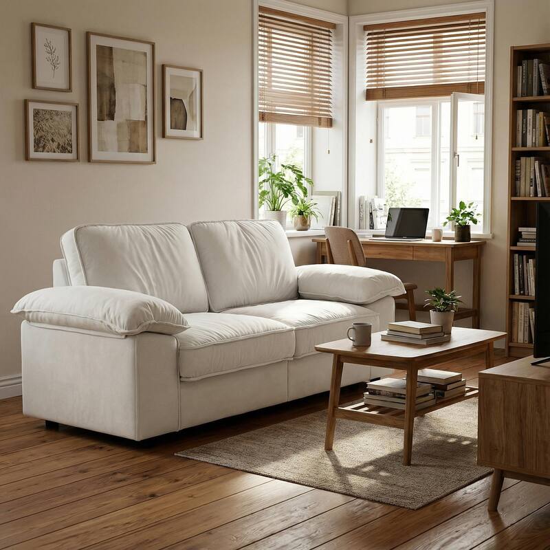 Roomfitters Modern Overstuffed Upholstered Sofa with Hidden Storage and Padded Arms, Comfy Loveseat for Small Space