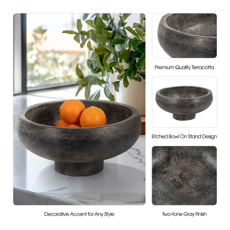 Sagebrook House Terracotta, 14" Etched Bowl On Stand, Multi, Round, 7"H, Solid Color - 14" x 14" x 7"