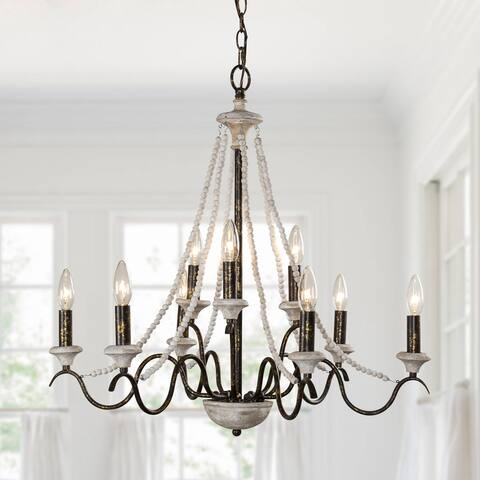Rustic Beach Wood Beaded 9-Light Kitchen Chandelier