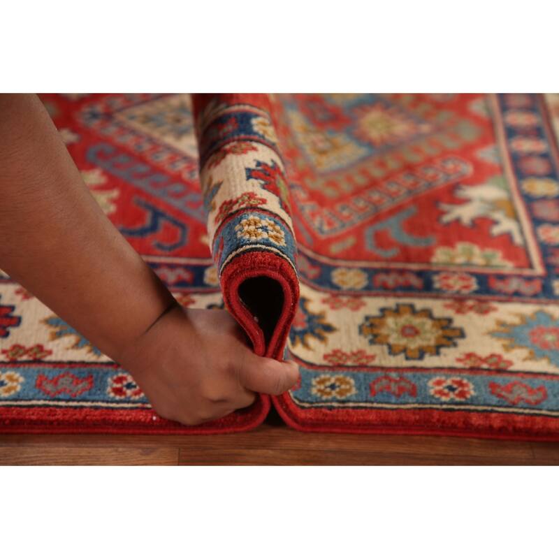 Geometric Kazak Rug Hand-Knotted Red Wool Carpet - 3'4"x 5'2"