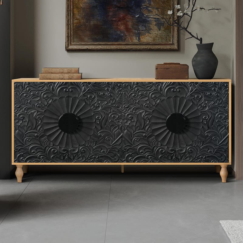 Vintage Large Cabinet with Faceted Carved and Spliced Doors - Black Natural