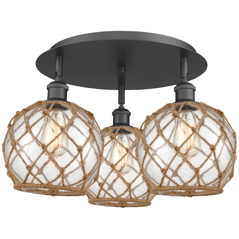 Innovations Lighting 516-3C-12-20 Farmhouse Rope Semi-Flush Farmhouse - Matte Black / Clear Glass with Brown Rope