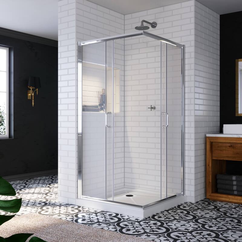 Elegant Chrome Finish Corner Entry Shower Enclosure with Sliding Shower Doors（Shower Base not Included）