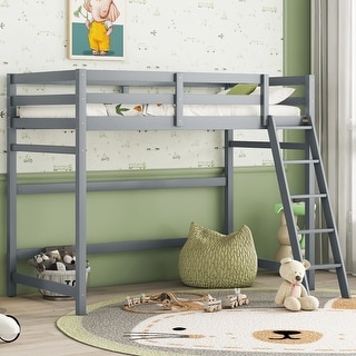 Grey Twin Size Pine Wood High Loft Bed with inclined Ladder and Guardrails for Bedroom