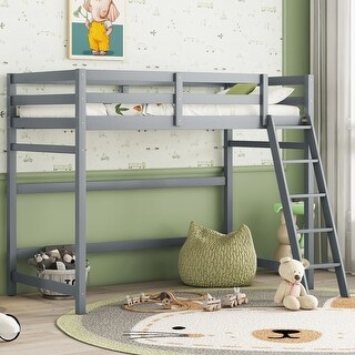 Modern Twin Size Pine Wood Loft Bed Frame with Built-in inclined Ladder, High Guardrails, No Need Spring Box