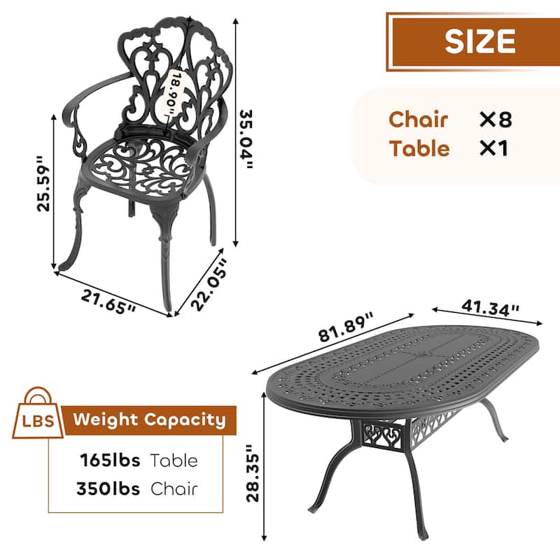 7/9-Piece Cast Aluminum Outdoor Dining Set with 82.87'' L X 42.13'' W Oval Table and Random Color Seat Cushions