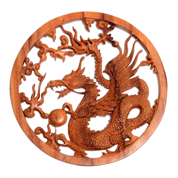 Handmade Kinabalu Dragon Wood Relief Panel (Indonesia) - 11.5" H x 11.5" W x 0.8" D. Opens flyout.