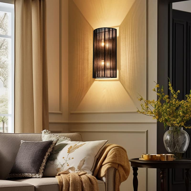 2-Light Modern Boho Natural Ivory/Black Hand-Woven Rope Fabric Flush Mount Wall Sconces