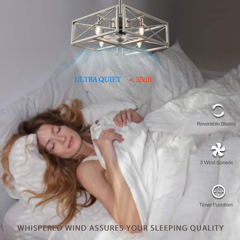 20" Cube Chrome Steel Caged Ceiling Fan with Lights, 4-bulb Modern Caged Pedant Lights Ceiling Fan, Fandelier Remote Control