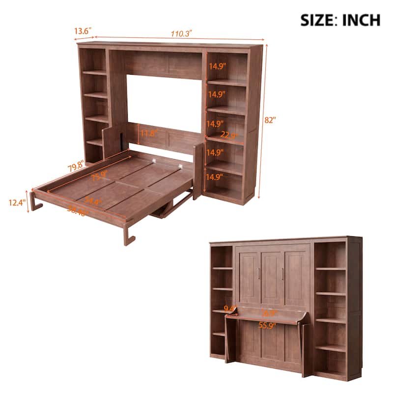 Dark Brown Murphy Bed with Bookshelf and Desk