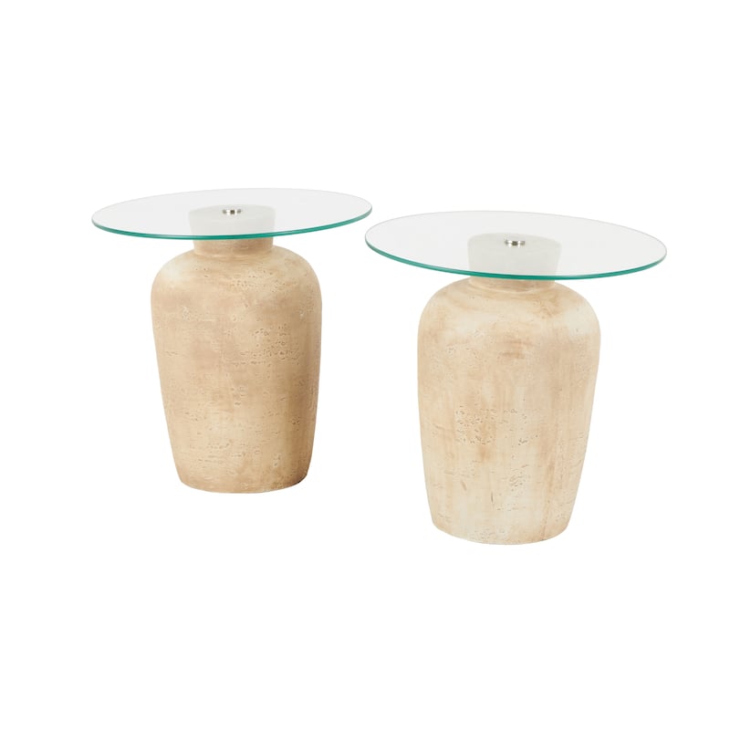 Beige Magnesium Oxide Side End Accent Table with Glass Tabletop (Set of 2)