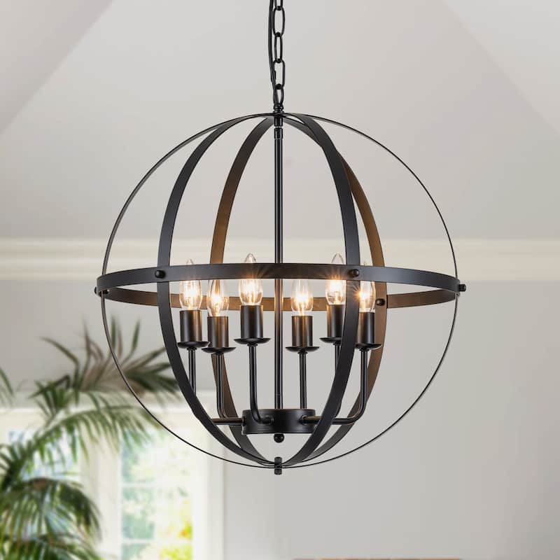 Starsky 6-Light 20.47inch Modern Farmhouse Globe Ceiling Lights Open Cage Chandelier - Black