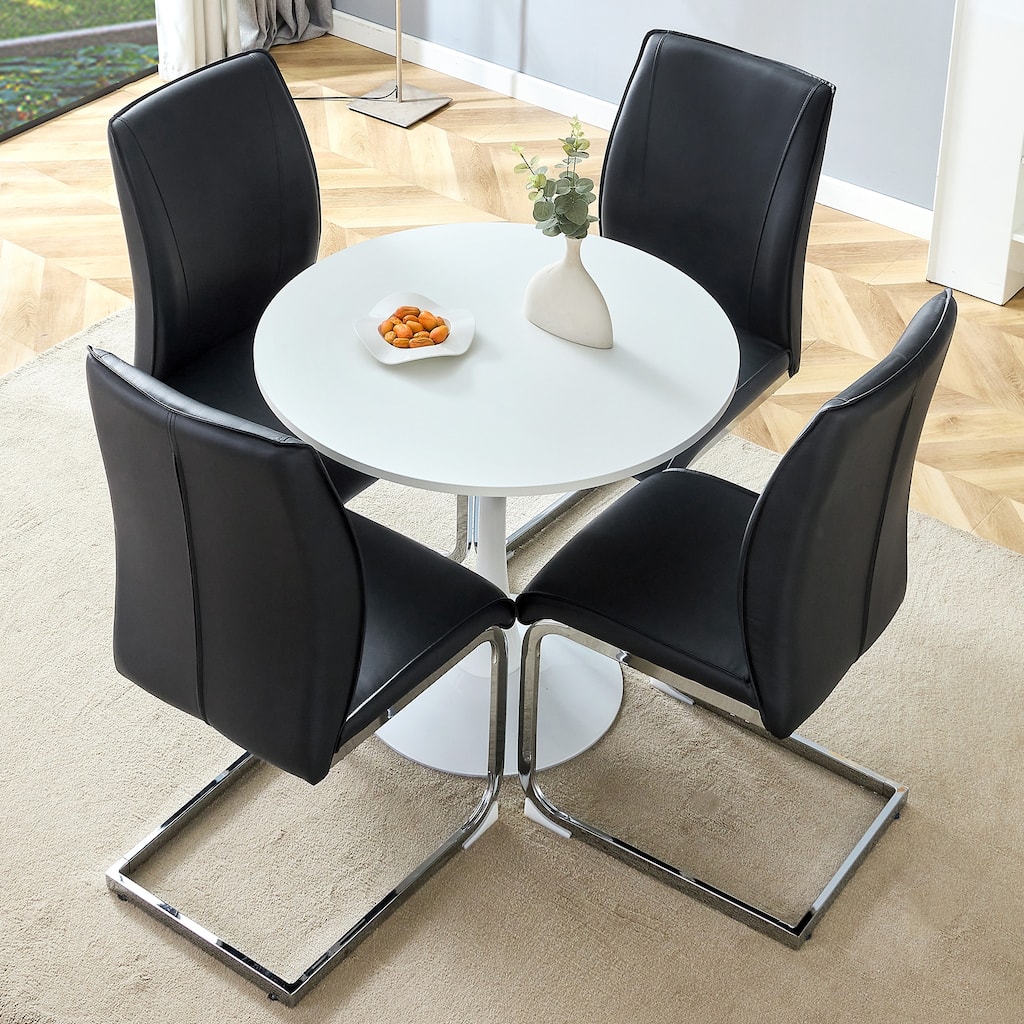 Table and chair set,Hourglass-Shaped Stable Small Round Table With 4 Soft and Comfortable PU Chair With Arched Metal Leg