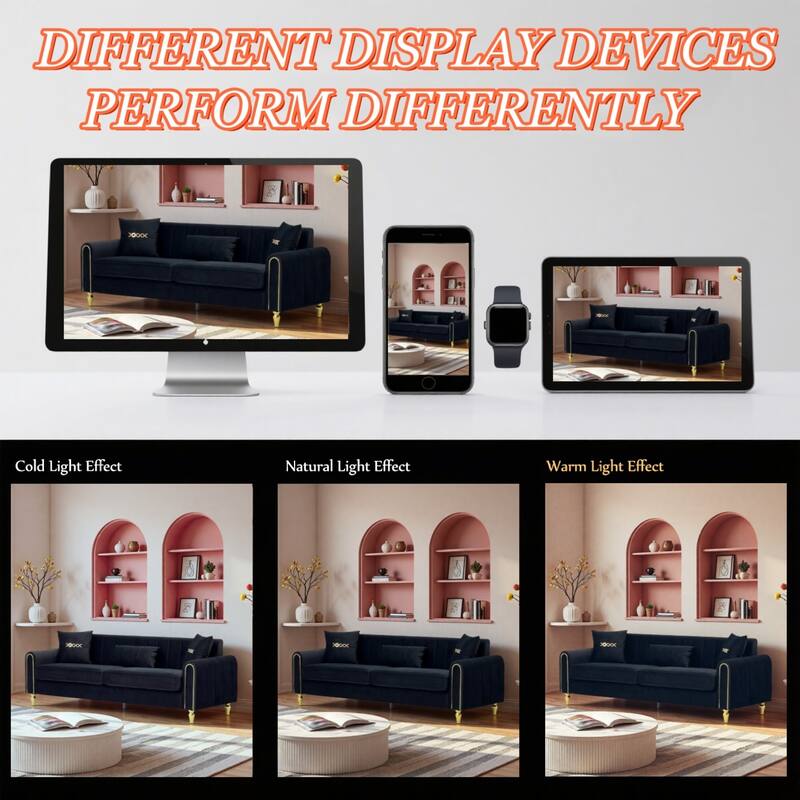 Roomfitters 87.4 Inch 3 Seater Elegant Modern Upholstered Sofa with Gold Metal Trim, Vertical Channel Tufted Back