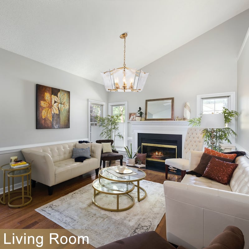 6-Light Gold Geometric Chandelier with Textured Clear Glass Panels - Dia.26.77-in