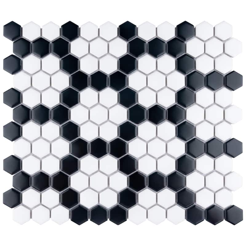 Merola Tile Metro 1" Hex Matte White w/Black Honeycomb 10-1/4" x 11-7/8" Porcelain Floor and Wall Tile - Sample swatch