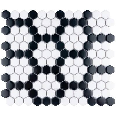 Merola Tile Metro 1" Hex M Wht w/M Bk Honeycomb 10-1/4"x11-7/8" Porcelain Mosaic Tile
