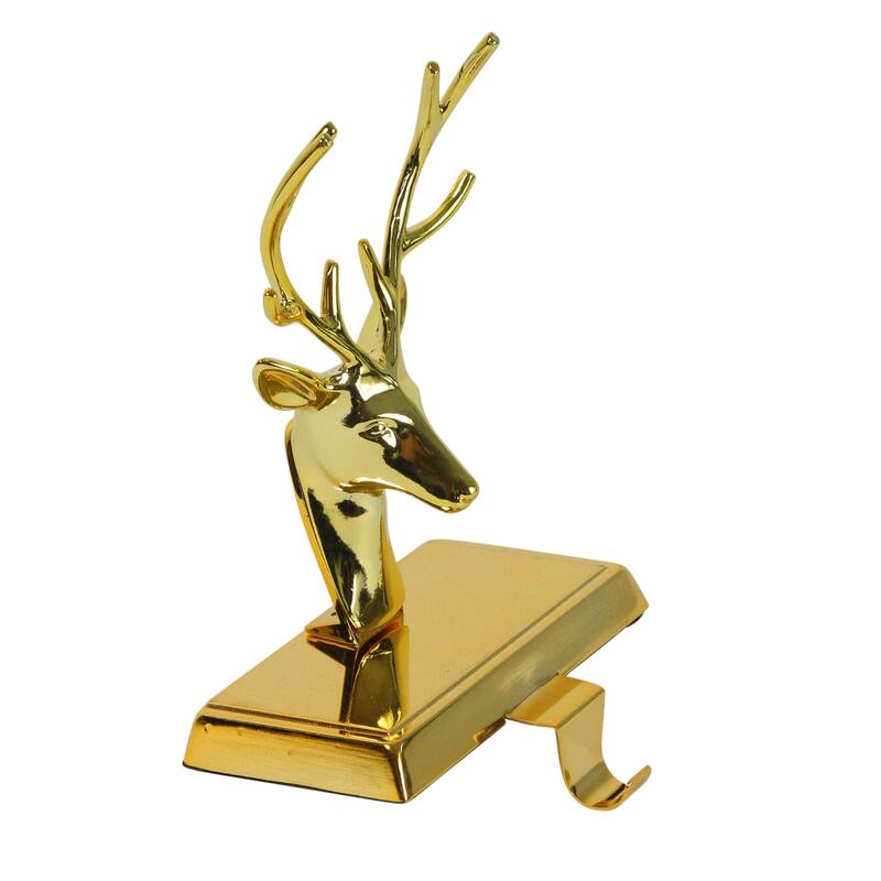 Shiny Metal Deer Head Christmas Stocking Holder - 8" - Gold Finish