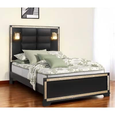 HomeRoots Black And Gold Faux Crystal Bling Wood And Upholstery Lighted Full Bed Frame