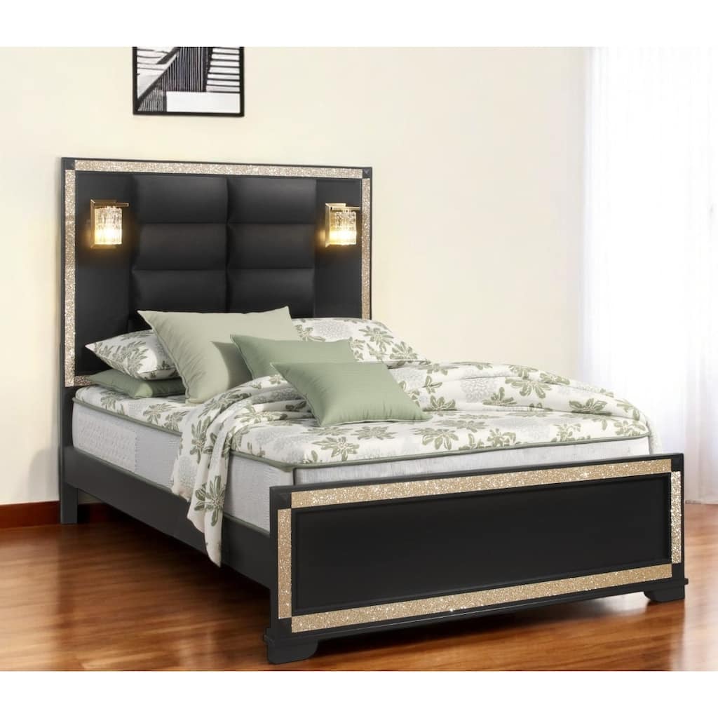 HomeRoots Black And Gold Faux Crystal Bling Wood And Upholstery Lighted Full Bed Frame