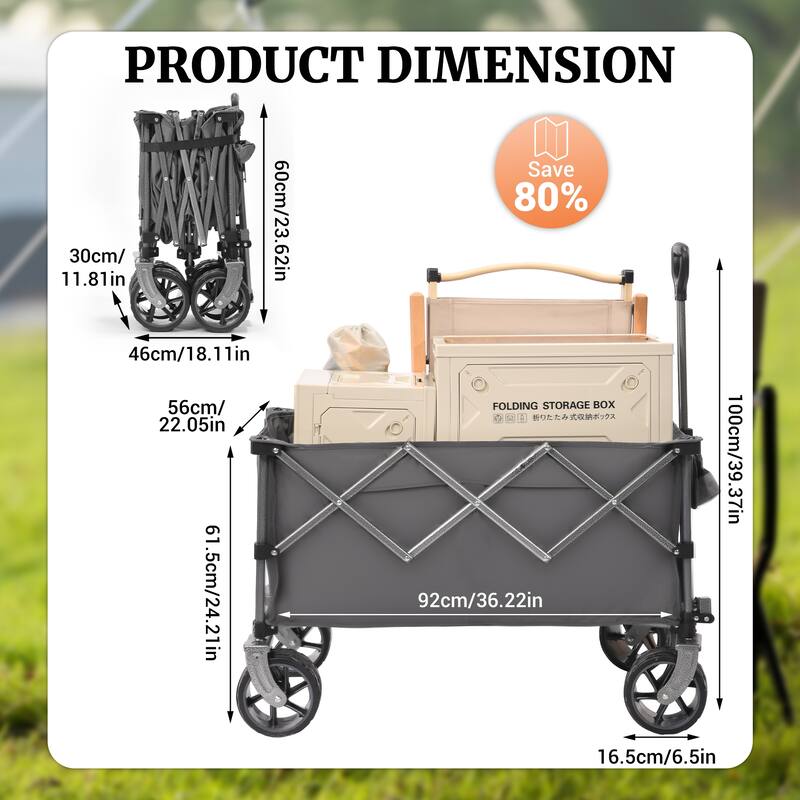Black Foldable Utility Wagon with All-Terrain Wheels Compact Lightweight Outdoor Cart for Camping - Grey