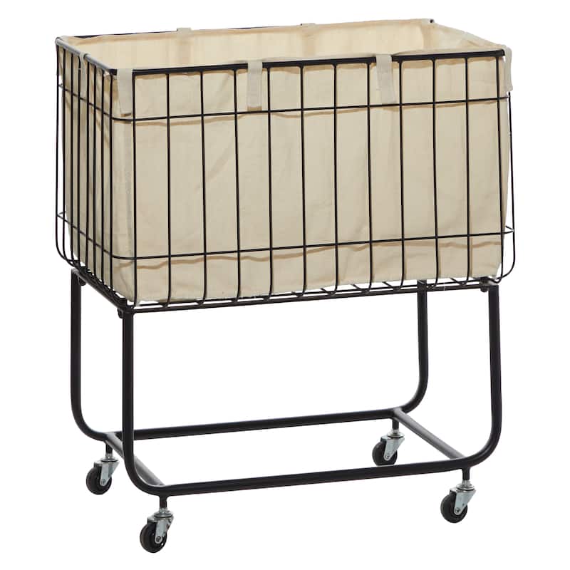 Black Metal Deep Set Wire Basket Storage Cart with Wheels and Fabric Lining