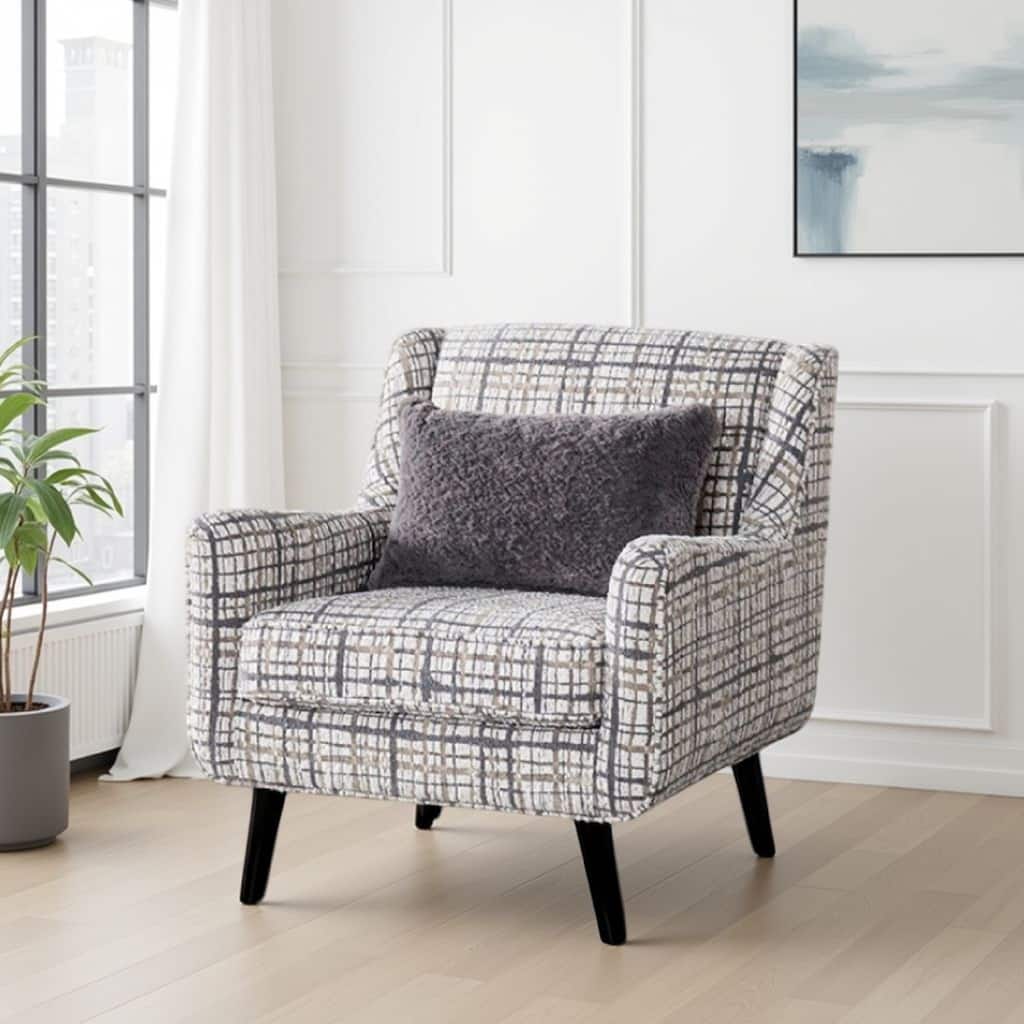 Riana Accent Chair, 1 Accent Pillow, Black and White Plaid, Solid Wood