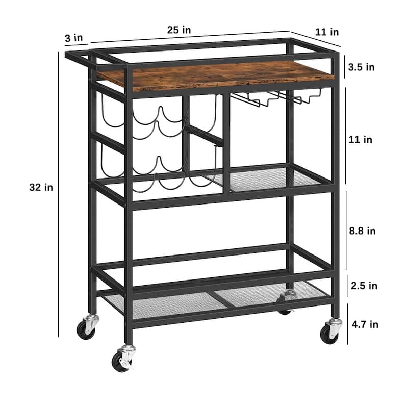 3-Tier Home Bar Serving Cart with Handle, Wine Rack, and Glass Holders