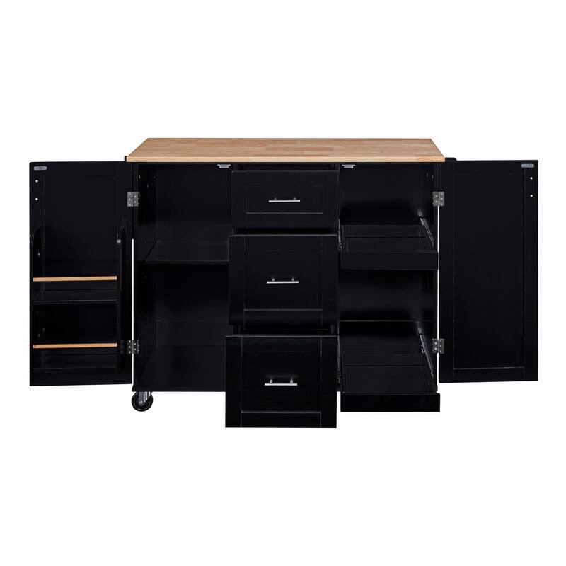 Rolling Kitchen Island with Rubber Wood Top, Drawers, Shelves, Internal Storage, Wheels, Spice & Towel Racks