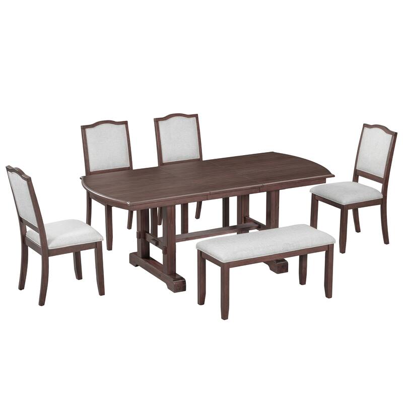 Roomfitters 6-Piece Extendable Dining Table Set, 60-78 Inch Wooden Kitchen Table with Leaf, 4 Upholstered Chairs & Bench
