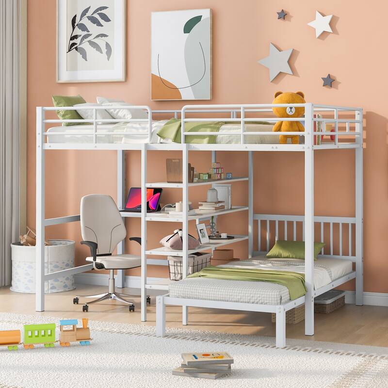 Metal Full Over Twin Bunk Bed with Built-in Desk