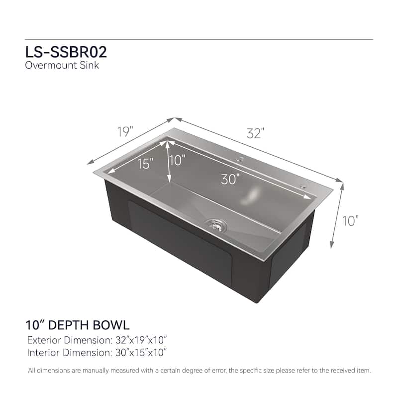 Dark Gray 32 Inch Single Bowl Overmount Kitchen Sink 304 Stainless Steel Brushed Satin Finish with Lift and Turn Drain
